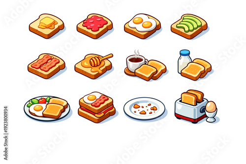 Bread Breakfast. Colorful isometric vector icons set of Bread Breakfast: toast with butter, toast with jam, toast with eggs, toast with avocado, toast with