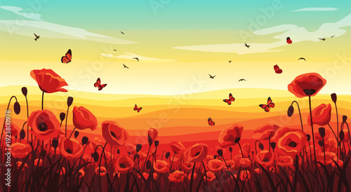 Vibrant Vector Illustration of Red Poppies with Butterflies Amidst Warm Gradient Sky and Subtle Landscape Elements