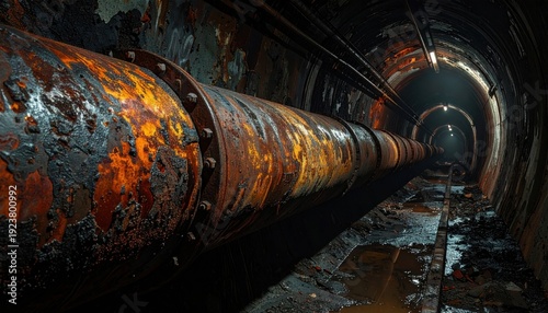 Wallpaper Mural Grimy, deactivated power conduit with heavily rusted and corroded metal, captured in a realistic photography style, running along a dark wall, FlyPro Firefly Torontodigital.ca