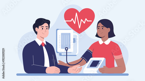 Female healthcare professional measuring blood pressure of businessman using digital monitor in clinic setting flat vector illustration
