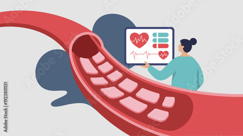 Doctor analyzing cholesterol plaque buildup inside artery with heart rate data on digital screen flat vector illustration