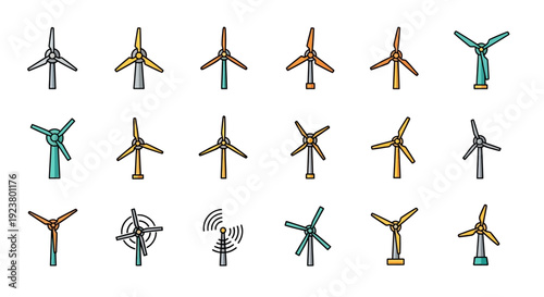 A collection of colorful stylized wind turbines for energy production and sustainability concept.