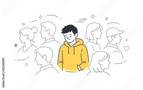 Sad young man in yellow hoodie feels isolated and lonely among a crowd of people