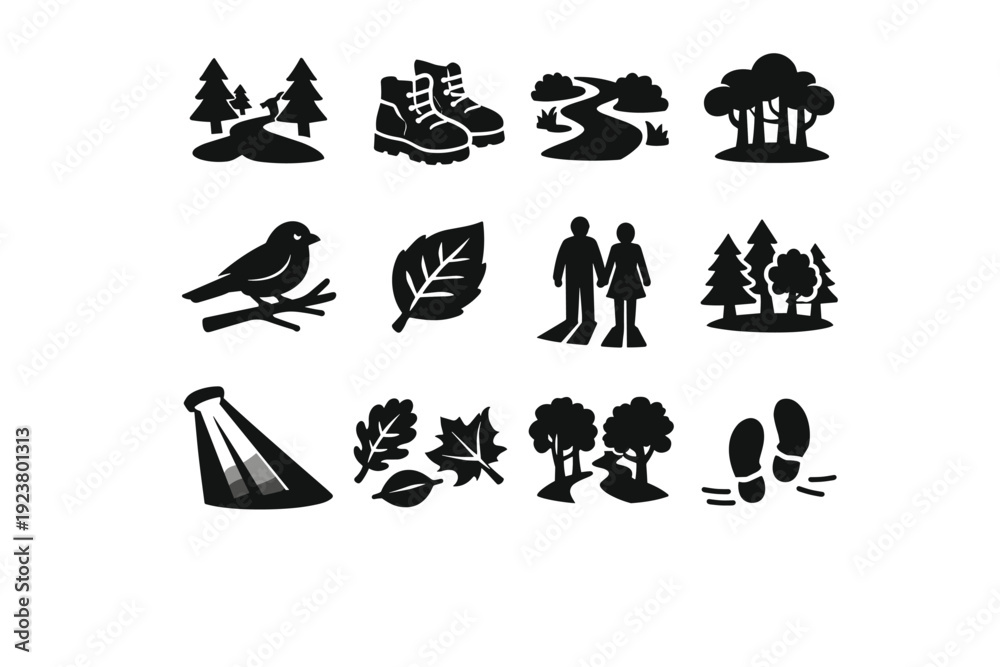 Obraz premium Forest Walk. Solid icon set of Forest Walk: tree-lined trail, walking boots, nature pathway, forest canopy, bird in tree, leaf detail, couple