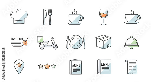 A collection of illustrated restaurant and food delivery related icons on a white background