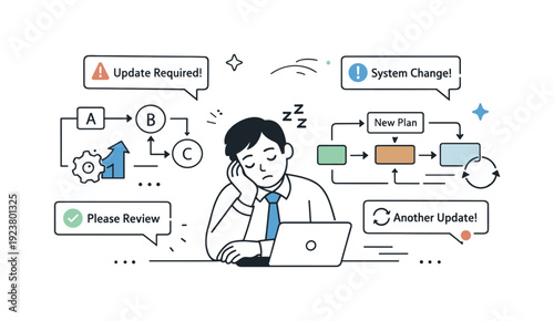 Overwhelmed businessman sleeping at desk with complex workflow diagrams and notifications
