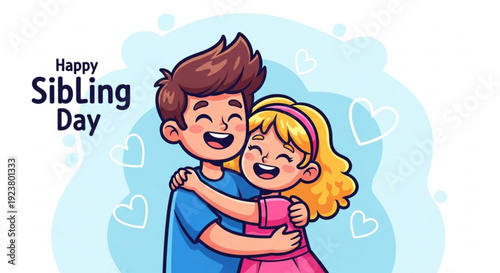 Brother and sister hugging happy sibling day cartoon illustration smiling children blue background with hearts