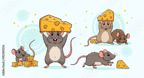 Cute cartoon mice enjoying cheese slices and blocks on a light blue background with playful expressions