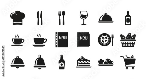 A collection of monochrome restaurant and culinary icons with various food related symbols