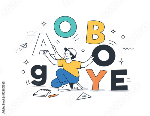 Creative child arranging large letters to spell out a word with educational elements