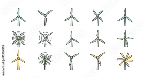 A collection of stylized wind turbine illustrations depicting clean energy generation and