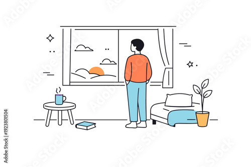 Late afternoon stillness. Person standing by a window watching the light fade, minimal furniture around. Thoughtful pause and soft emotional quiet. Minimalist