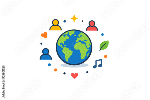 Globe unity and diversity represented as a centered Earth surrounded by small abstract shapes, evoking harmony, inclusion, and shared human experience.