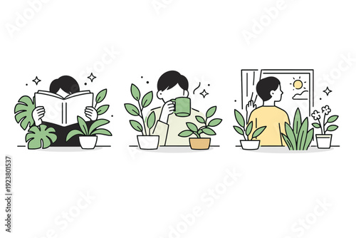 People behind plants at home. A figure is seen through houseplants while reading, drinking coffee, or standing near a window. The atmosphere feels cozy,