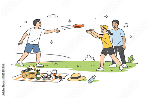 Casual frisbee games on lawns. A clean editorial scene with friends tossing a frisbee on a green lawn, relaxed body language, and picnic items