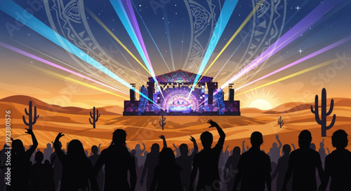 People dancing at a desert music festival with colorful lights at sunset a lively rave party in the desert landscape