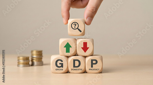 GDP Growth Concept: Up and Down Arrows, Question Mark Magnifying Glass, Coins