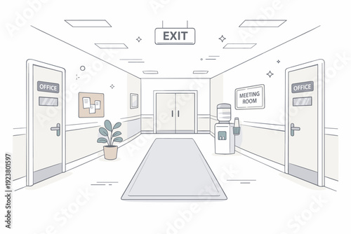 Administrative buildings interiors. Quiet hallway with symmetrical office doors, soft lighting, and minimal signage. Formal but neutral environment reflecting