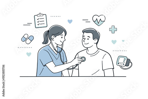 Medical care scene. A healthcare professional gently checking a patient?s vitals, calm communication and trust. Friendly editorial composition with subtle