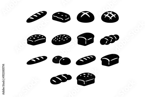 Artisan Breads. Solid icon set of artisan breads: rustic baguette, ciabatta, sourdough, round boule, multigrain loaf, seeded crust, dark rye, twisted loaf,