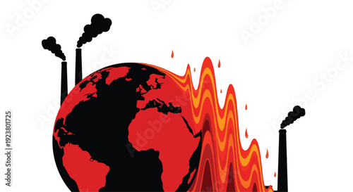 Illustration of a globe with industrial smokestacks emitting smoke and heat waves on a white background, conveying global warming and heat