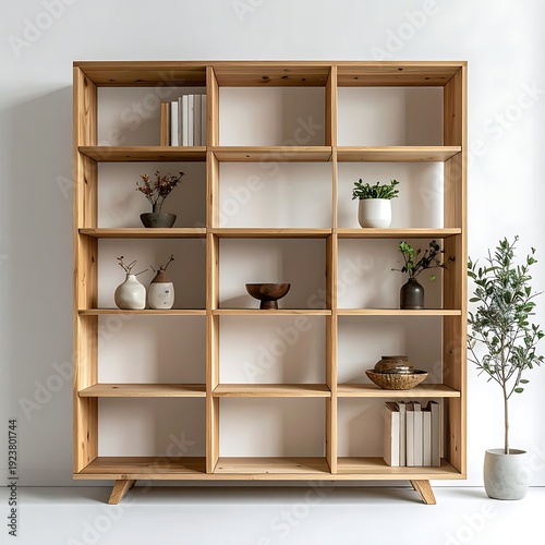 Wooden bookcase with various decorative items against a white wall in a well-lit room