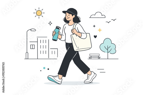 Reusable product lifestyle scenes. Person carrying a reusable water bottle and tote bag while walking through the city, relaxed everyday movement. Sustainable