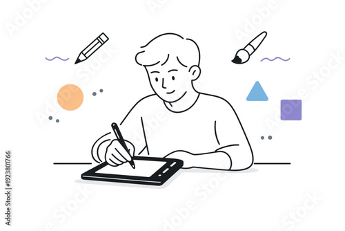 Creative tools illustration. A person calmly working with a tablet and stylus, surrounded by simple icons of pencil, brush, and shapes. The scene feels