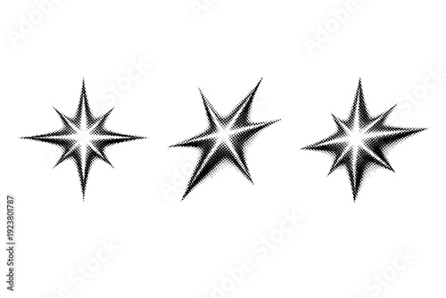 Lens flare star effect A star-shaped lens flare object shown in three views including straight-on view, rotated view, and three-quarter perspective view. Black