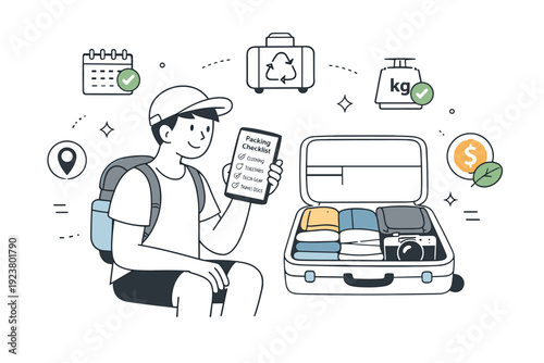 Smart sustainable packing. A traveler reviewing a simple packing checklist on a phone next to an organized suitcase, showing planning and reduced overpacking.