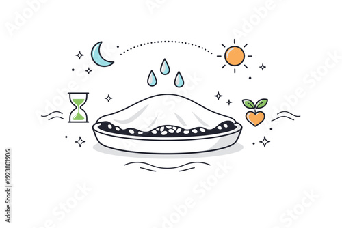 Nowruz sprouts growing process. Seeds covered with a light cloth, small water droplets indicating daily care and patience. Quiet nurturing