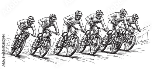 A black and white sketch illustration shows several mountain bikers riding downhill, captured in a dynamic and action-packed scene, suitable for sports, recreation, or design concepts.