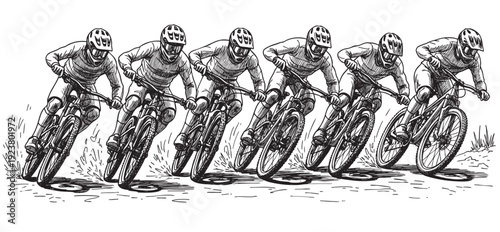 Black and white graphic illustration of mountain bikers racing downhill, showcasing dynamic action and adventure. Great for designs related to cycling, sports, or outdoor activities.