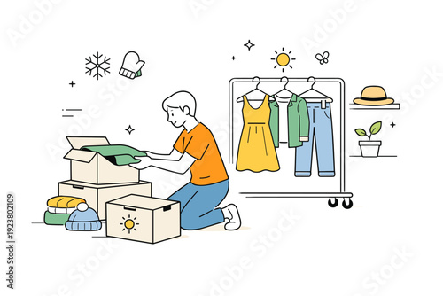 Seasonal wardrobe change. A person placing off-season clothes into boxes and hanging fresh outfits. Scene conveys preparation and light