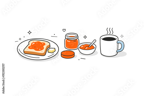 Small rituals without faces. Minimal breakfast setup with toast, jam, and coffee cup neatly arranged. Slow, intentional start of the day