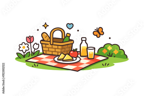 Outdoor spring activities a small picnic setup with a blanket, basket, and blooming plants, symbolizing relaxation, leisure time, and