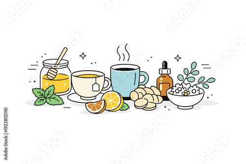 Cold and flu home remedies. A simple still-life style scene with natural ingredients like herbs, tea cups, and citrus arranged neatly. The