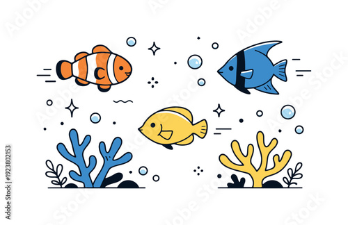 Cute cartoon fish swimming in the ocean with coral reefs and bubbles