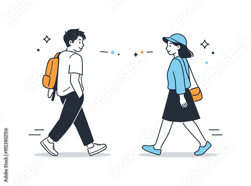Young man and woman walking in opposite directions with backpacks and bags