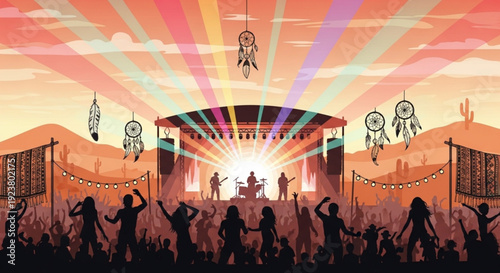 Music festival crowd dancing at sunset with dreamcatchers and stage in desert landscape
