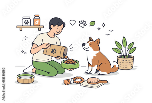 Person feeding a cute corgi dog healthy food with pet care items around