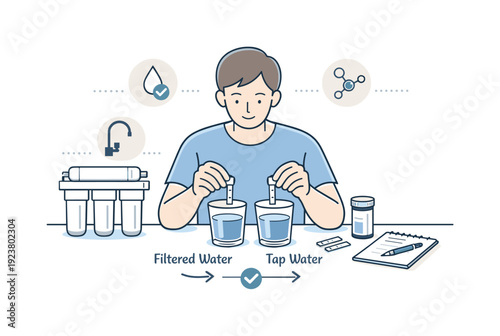Man testing filtered and tap water quality with test strips and water filter system