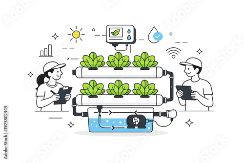 Hydroponic greenhouse farming. Sustainable crop growth supported by technology and careful monitoring. Simple scene with plants, tubes, and water circulation
