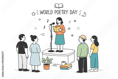 World Poetry Day public reading. A simple scene of a person reading poetry on a small stage or platform, while listeners stand calmly nearby.