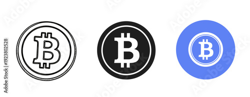 Three bitcoin symbols in varied styles on white background