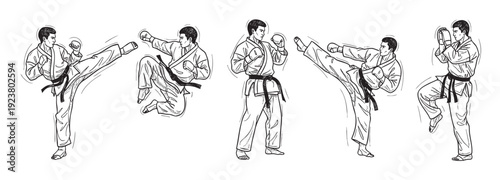 This black and white sketch illustrates a man practicing karate, performing kicks and punches with focused energy and discipline; it is suitable for educational or fitness projects.