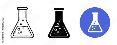 Set of laboratory flask icons in outline, solid, and circle variations