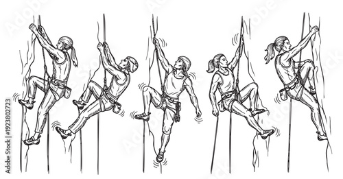 Illustration showing multiple rock climbers in graphic style, scaling a rock face with ropes and safety gear, capturing their strength and determination in this outdoor adventure.