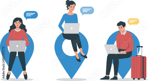 Remote, work, people, laptop, location, communication, online, teamwork, digital, nomad, travel, freelance, business, internet, connection, technology, vector, illustration, concept, lifestyle