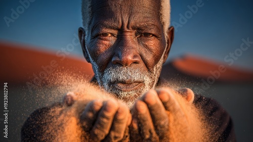 Elderly man releasing sand from his hands in a desert landscape at sunset, evoking nostalgia